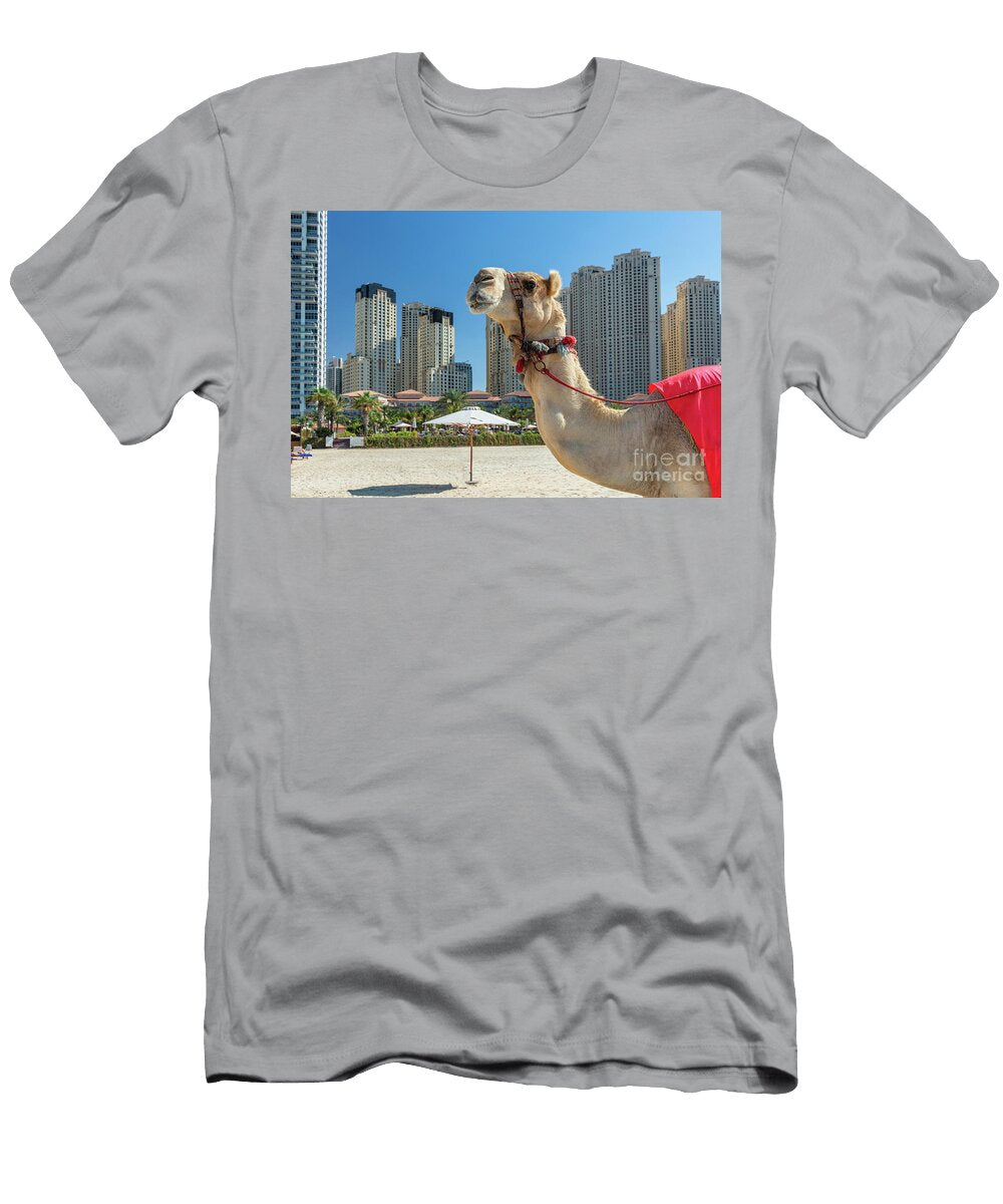 7 Camel on Dubai Jumeirah Beach with Marina Skyscrapers in Uae Michal Bednarek T-Shirt