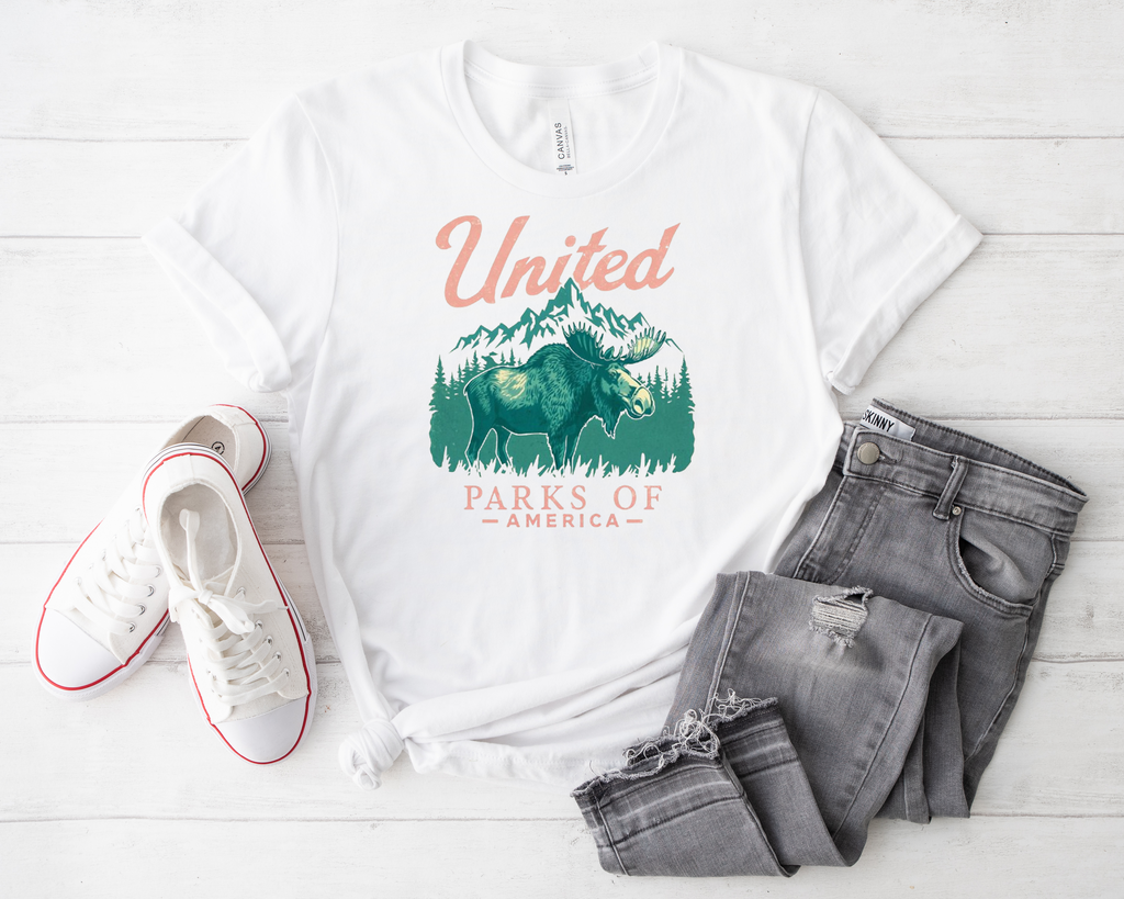 United Parks of America, Vintage Moose Wilderness Tee, National Parks, Hiking Shirt, Retro Graphic Tee, Camping Tee, Hiking Shirt.