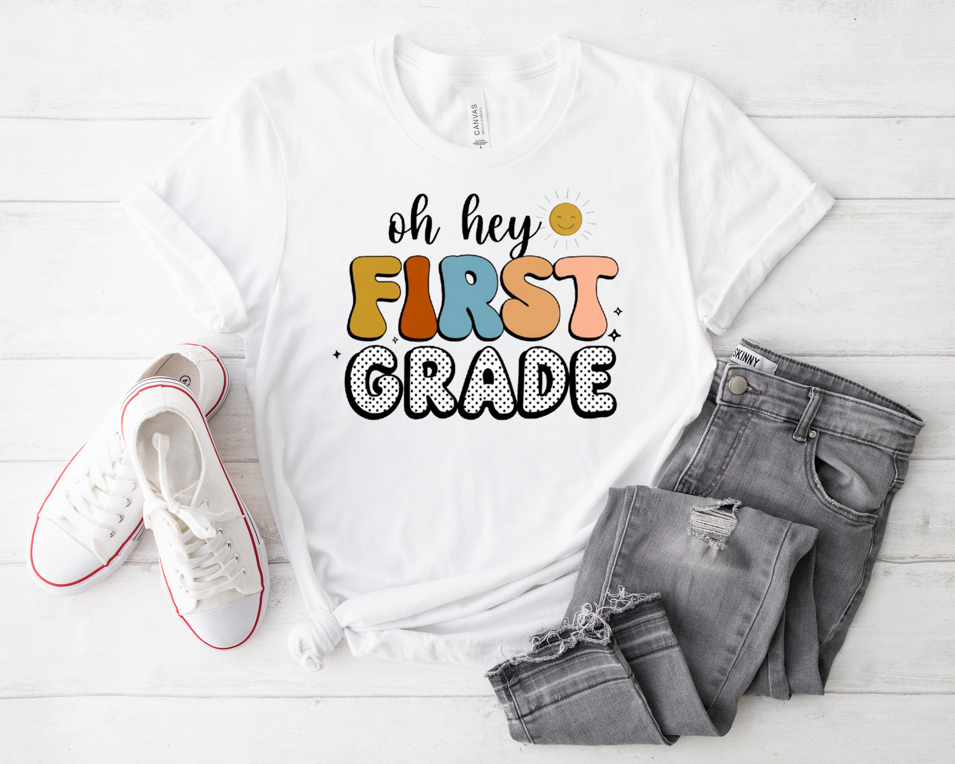 Oh Hey First Grade,  Funy  Cute Back-to-School Design, First Grade Shirt, Back to School, First Day of School, Retro School Vibes.
