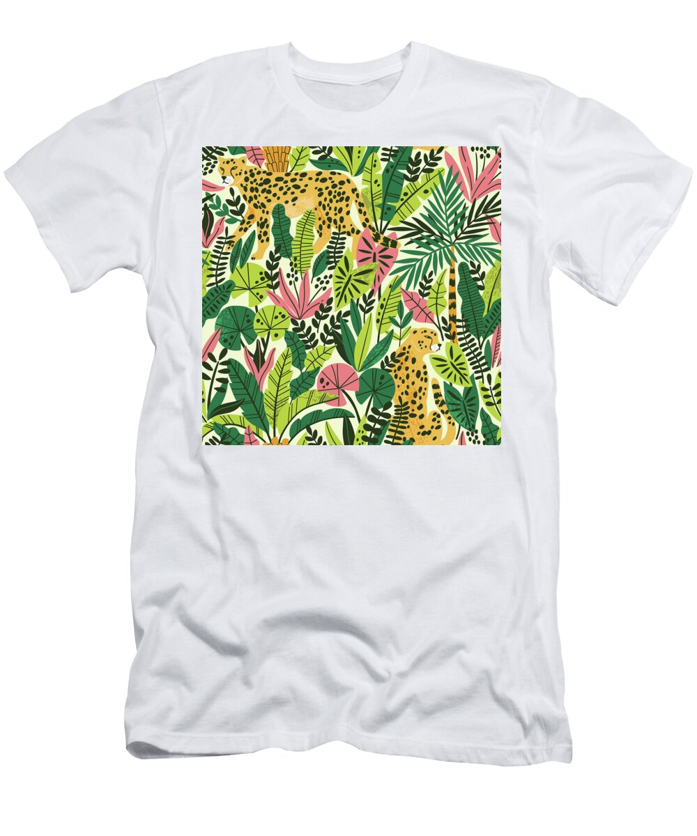 Cheetah with Palm Leaves Exotic Seamless Pattern Julien T-Shirt