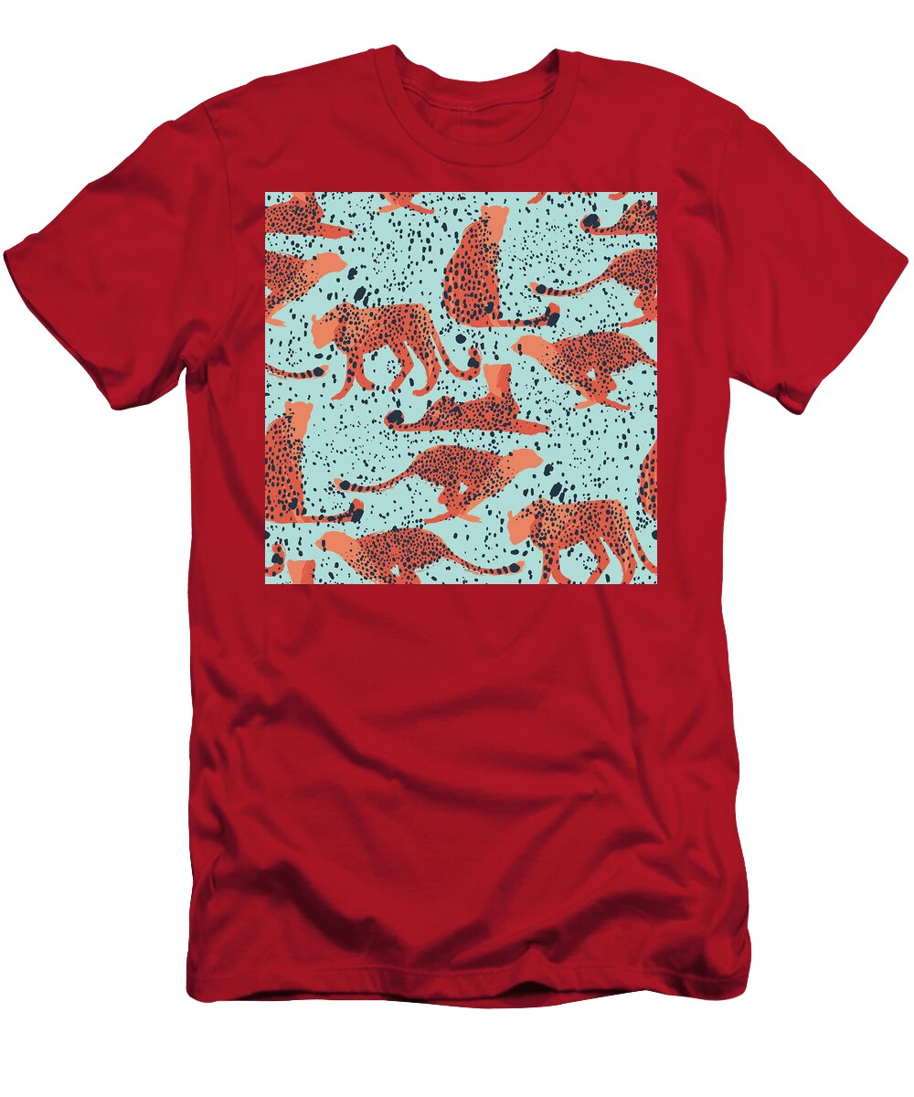 Graphic Cheetahs in Different Poses with Abstract Spots on Bakcground Julien T-Shirt