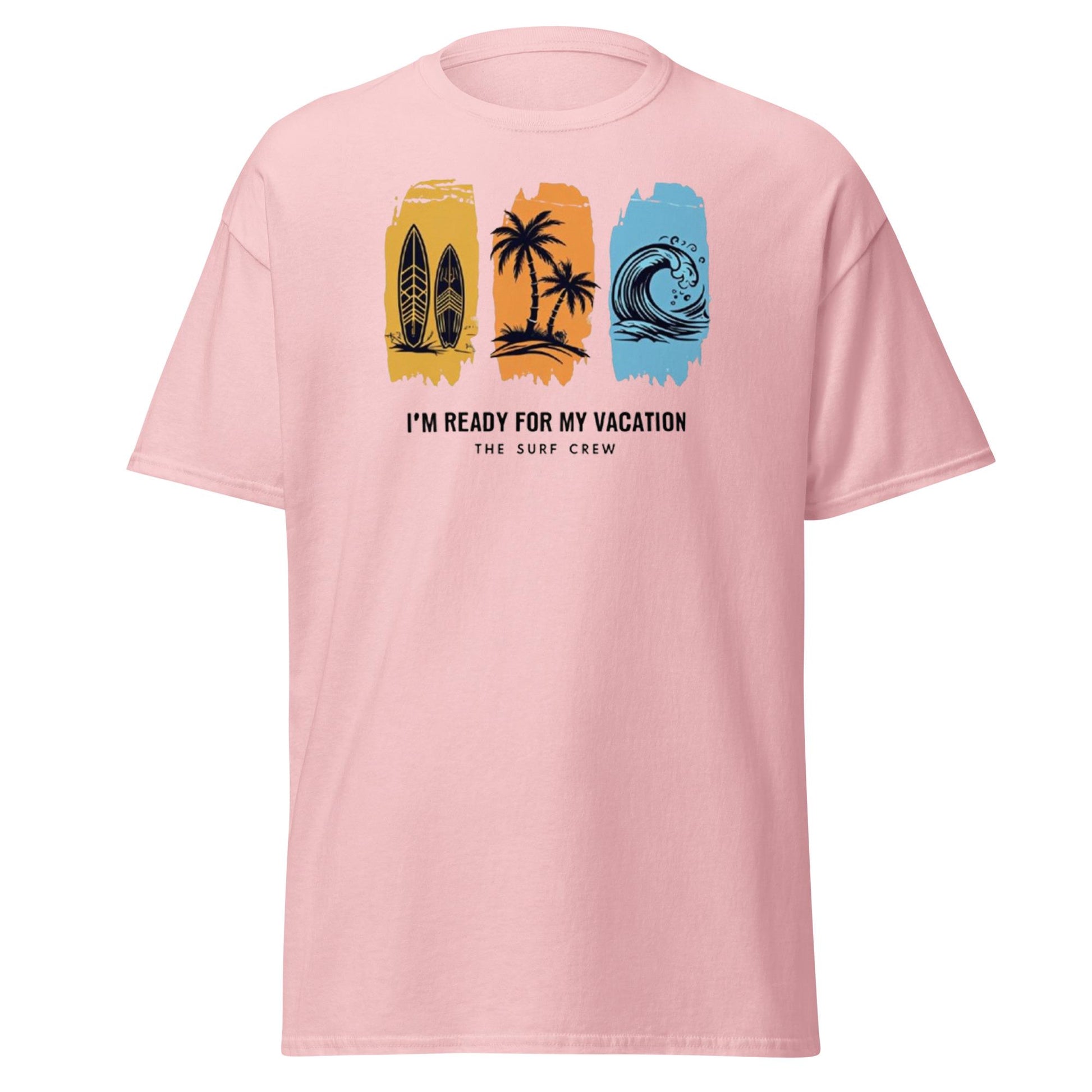 I’m Ready for My Vacation,  Surf Crew Beach Shirt Summer Surf Vibes, I’m Ready for My Vacation, and crashing waves in sunset colors.