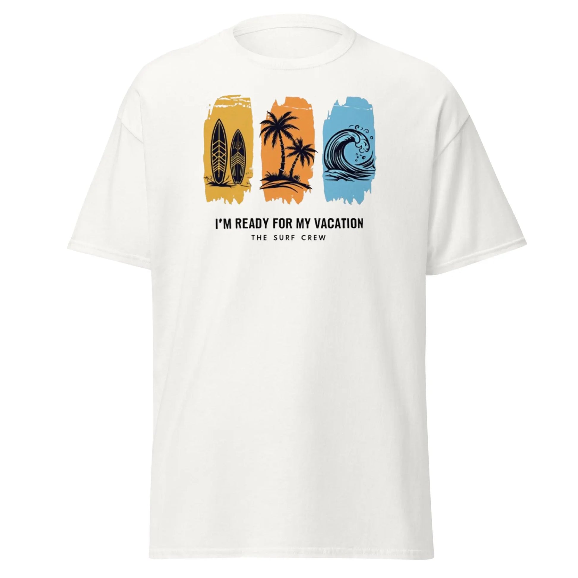I’m Ready for My Vacation,  Surf Crew Beach Shirt Summer Surf Vibes, I’m Ready for My Vacation, and crashing waves in sunset colors.