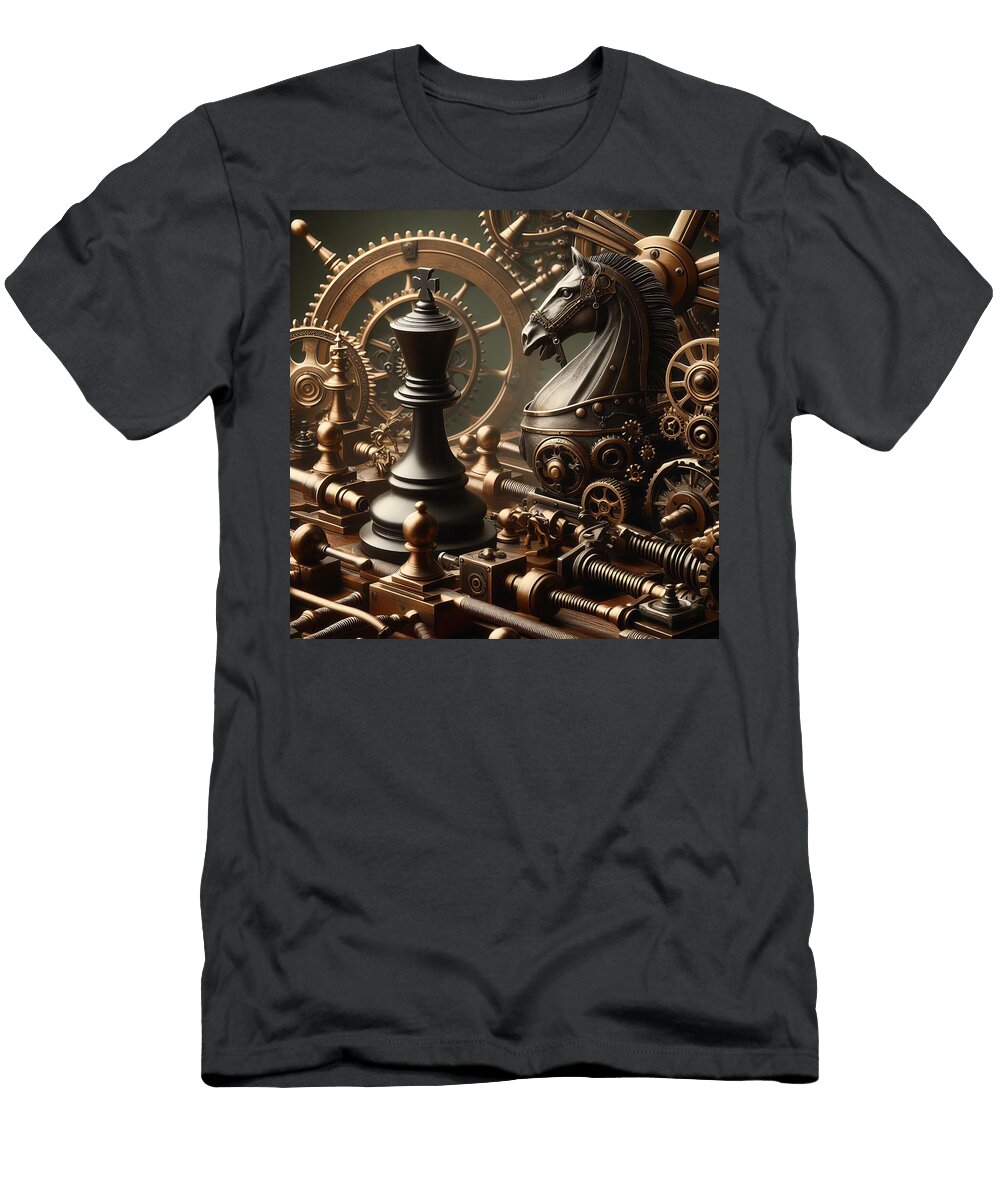 Steampunk Mechanical Chess King and Knight with Brass Gears and Clockwork Pistons Talha Khan T-Shirt